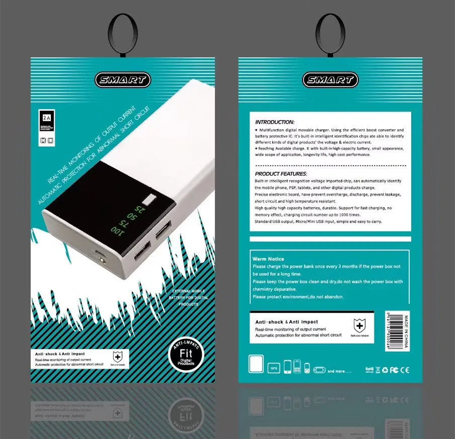 Black rice design 20000mAh power bank showing compact rectangular shape and charging port