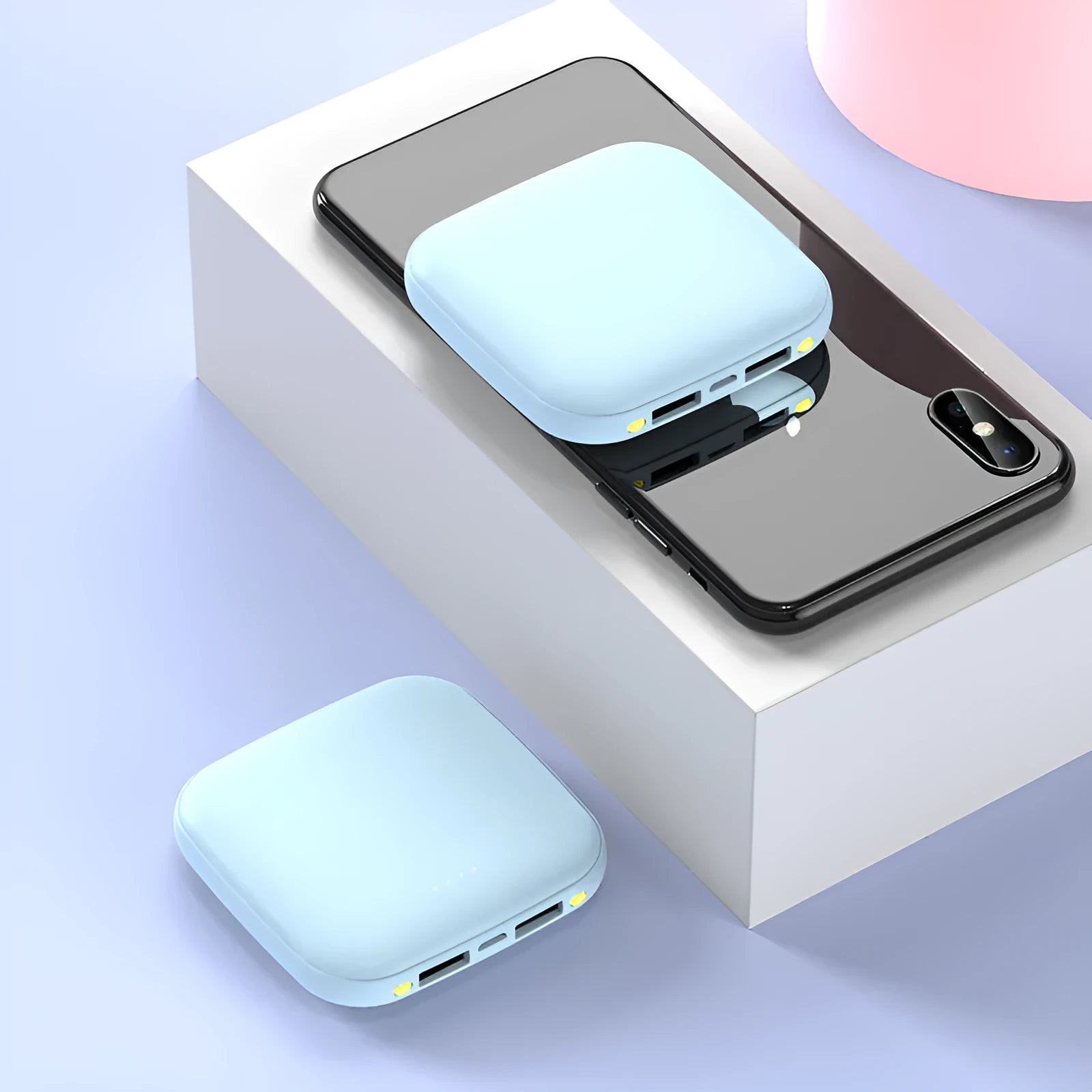 20000mAh portable power bank with LED flashlight in multiple colours showing compact dimensions