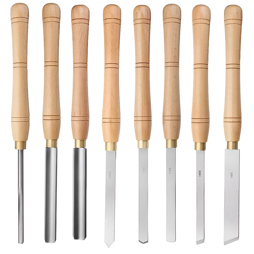 High-end 8-piece woodturning chisel set presented in an open wooden storage box.