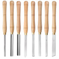 High-end 8-piece woodturning chisel set presented in an open wooden storage box.