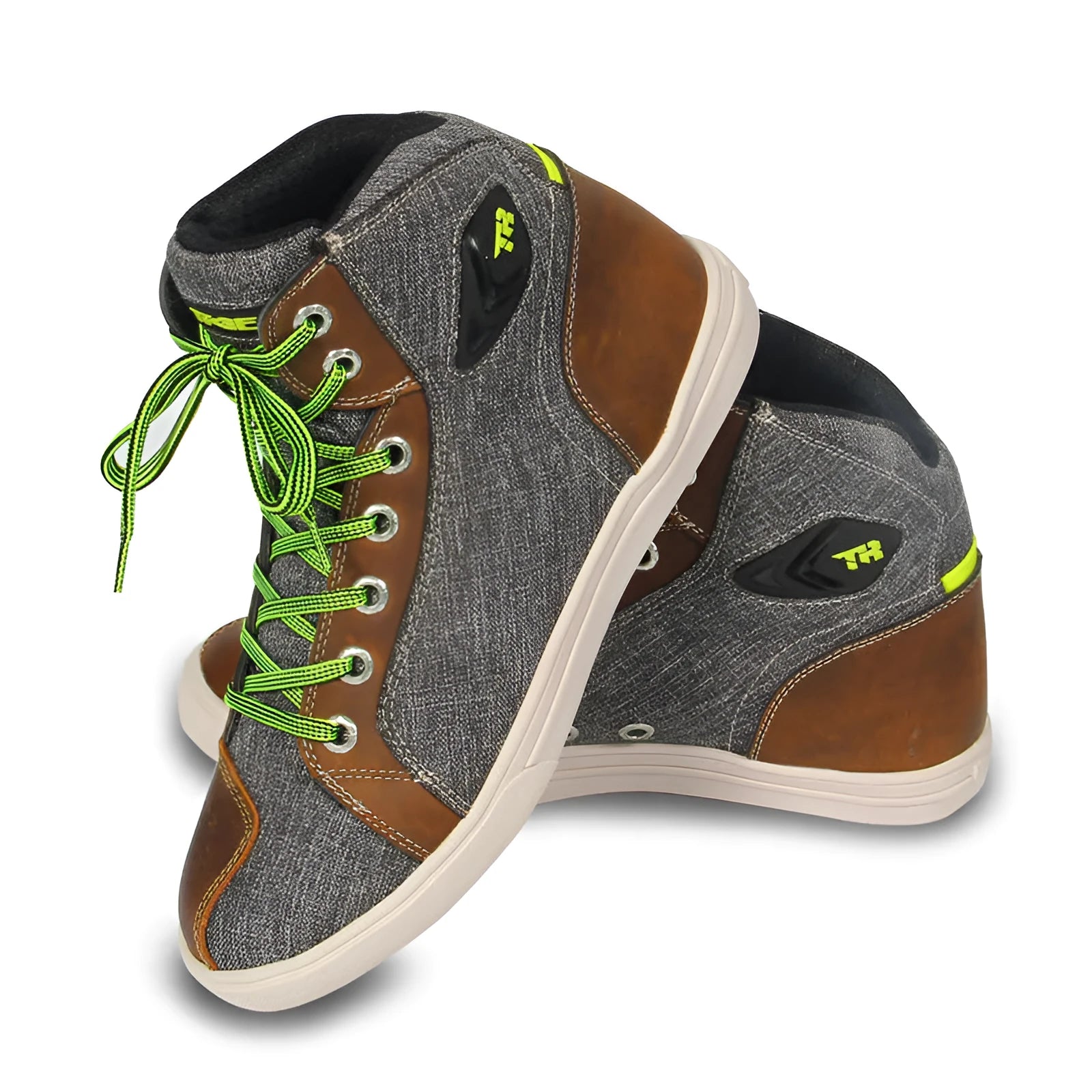 Black and grey casual short boots for motorcycle riding, shown on a mannequin foot.