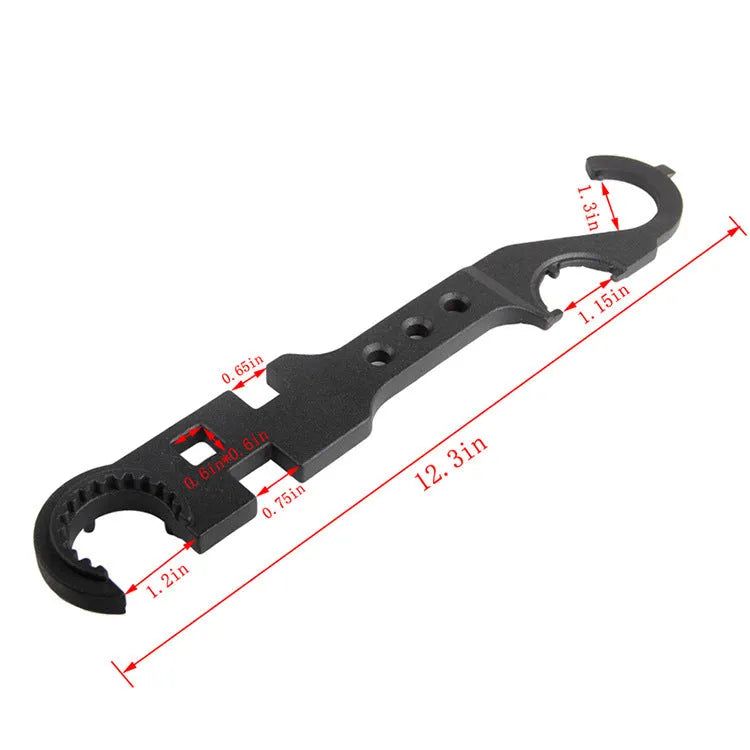 Black all-steel dual-purpose combination wrench for AR15 and M4 firearm maintenance.