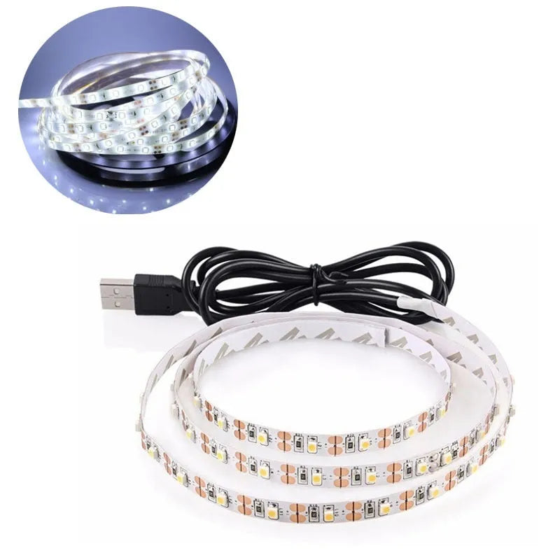 A flexible USB-powered LED light strip with SMD5050 LEDs, showing multiple colour options and a 50cm connecting cable.