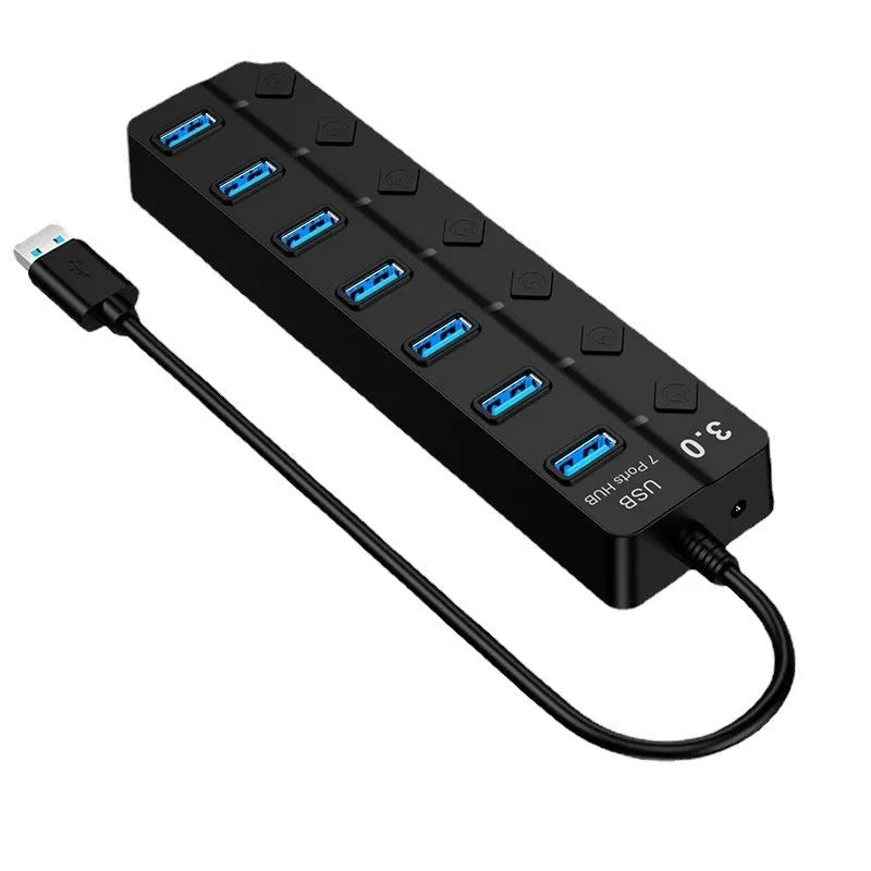 Black 7-port USB 3.0 hub with external power supply for desktop computer expansion