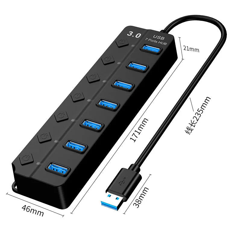 Black 7-port USB 3.0 hub with external power supply for desktop computer expansion