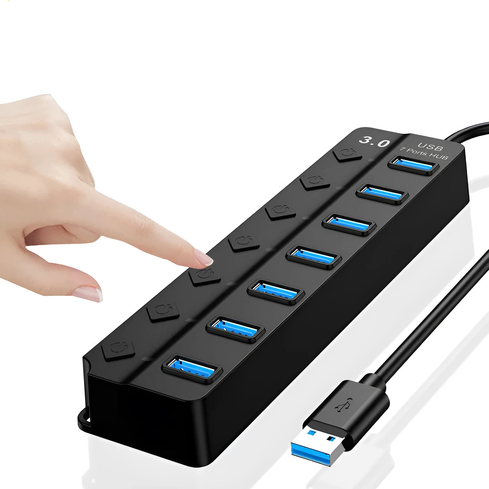 Black 7-port USB 3.0 hub with external power supply for desktop computer expansion