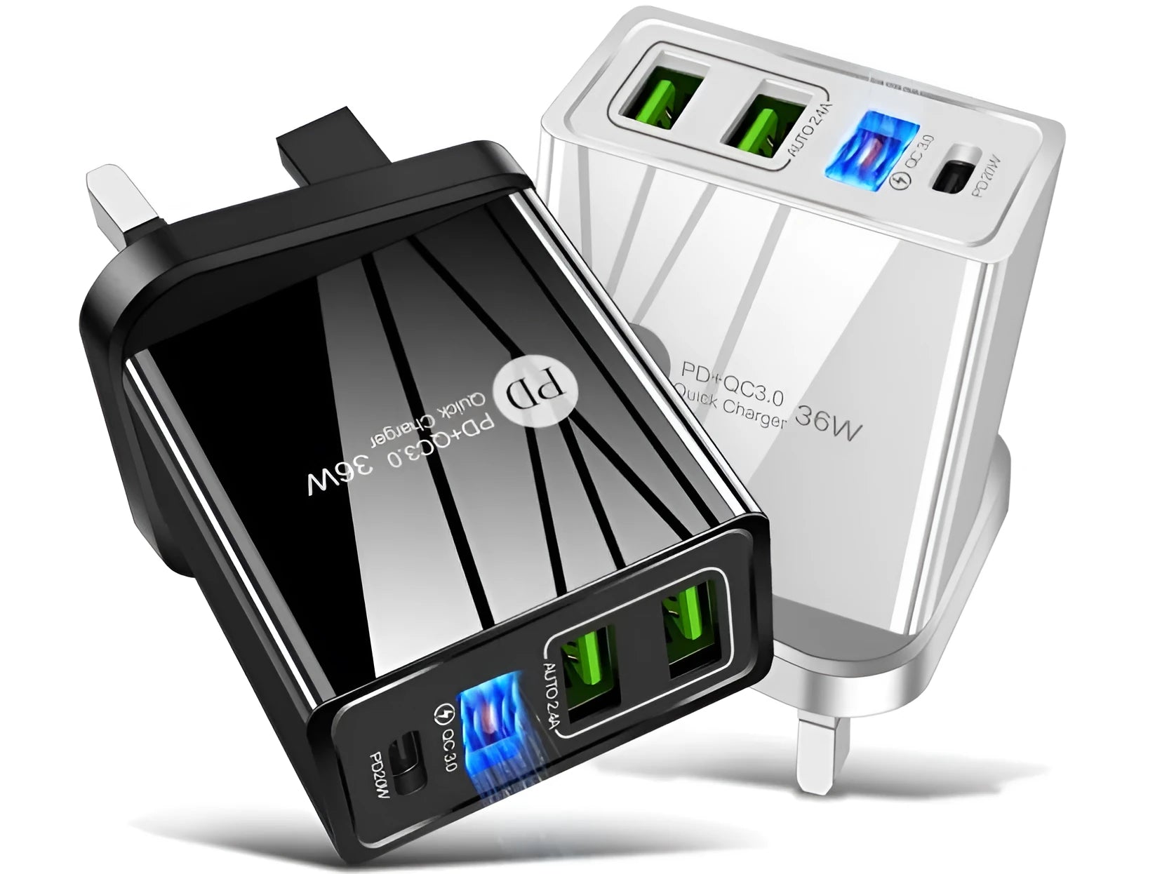 20W PD fast charger with four USB ports showing European black bag packaging