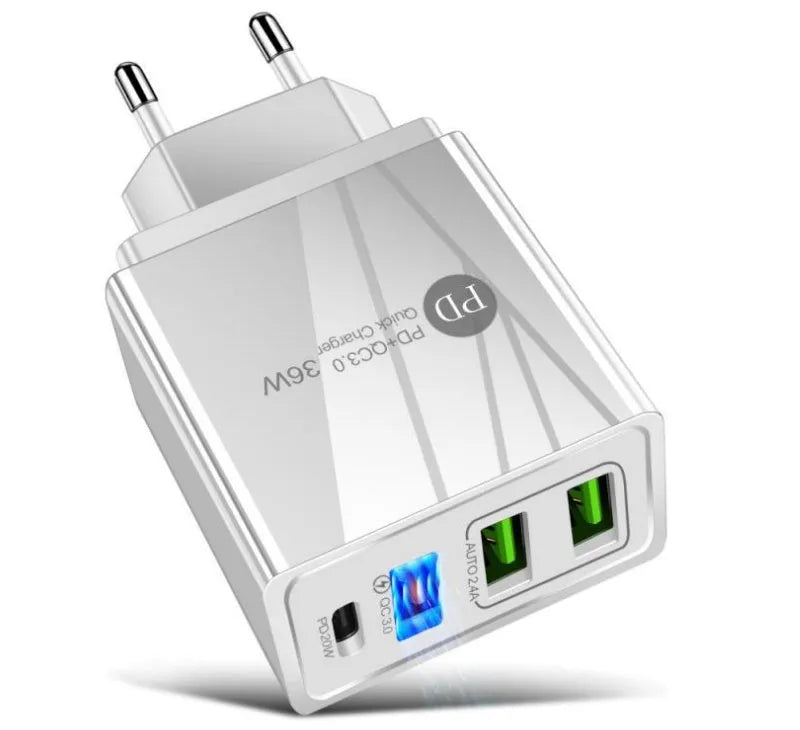 20W PD fast charger with four USB ports showing European black bag packaging