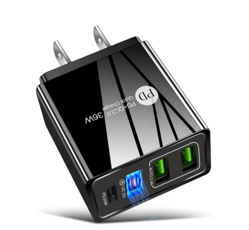 20W PD fast charger with four USB ports showing European black bag packaging