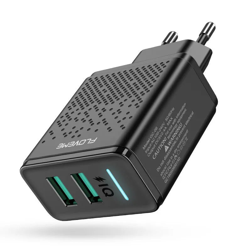 Fromi dual USB wall charger with EU plug showing two USB ports and compact black housing