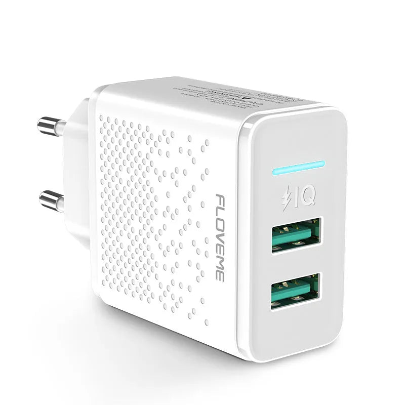 Fromi dual USB wall charger with EU plug showing two USB ports and compact black housing