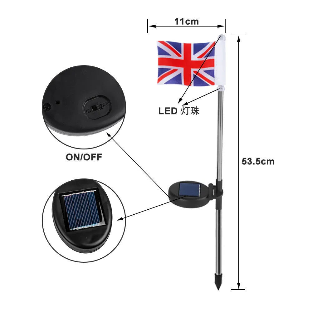 Solar garden flag light with stainless steel pole showing American flag design illuminated by LED