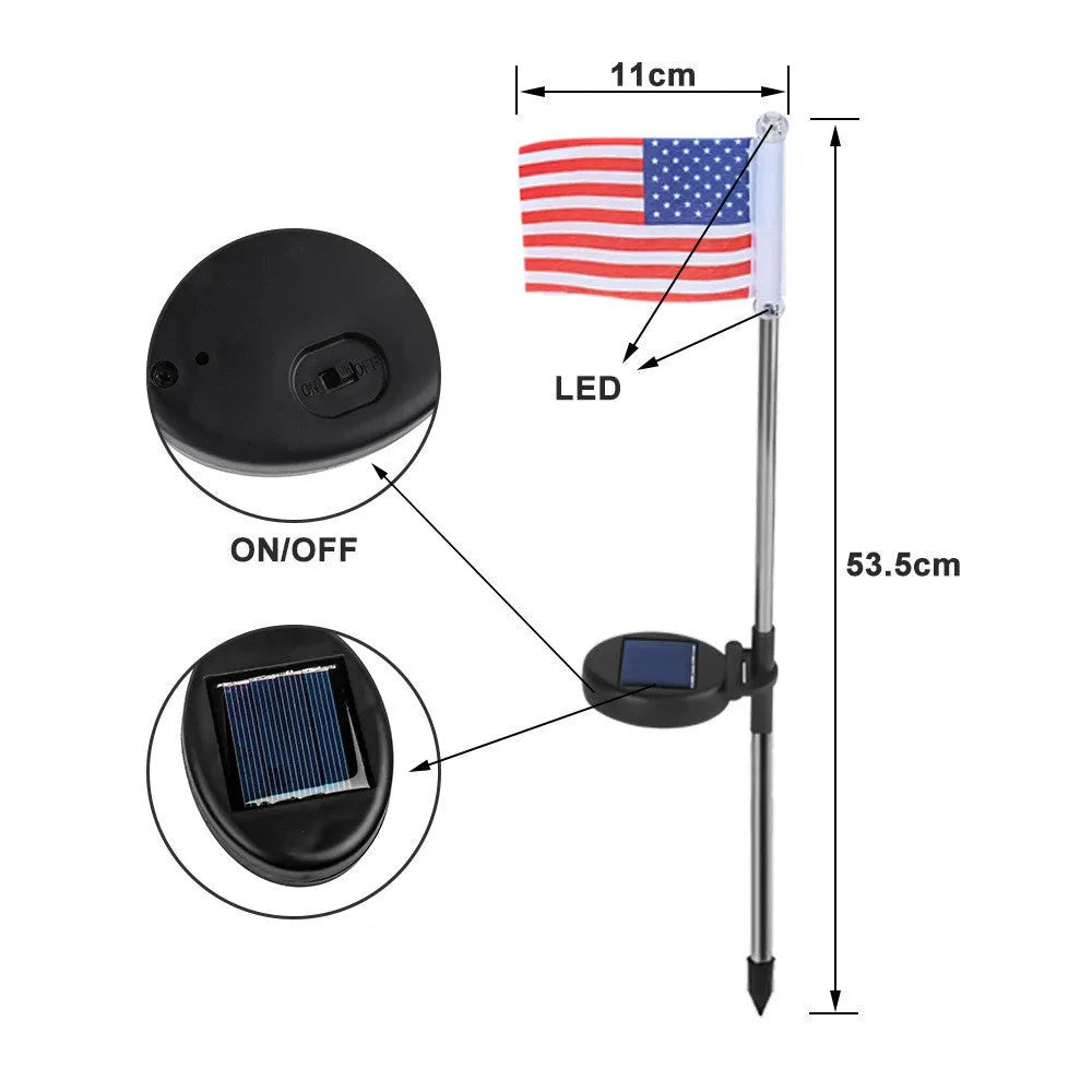 Solar garden flag light with stainless steel pole showing American flag design illuminated by LED