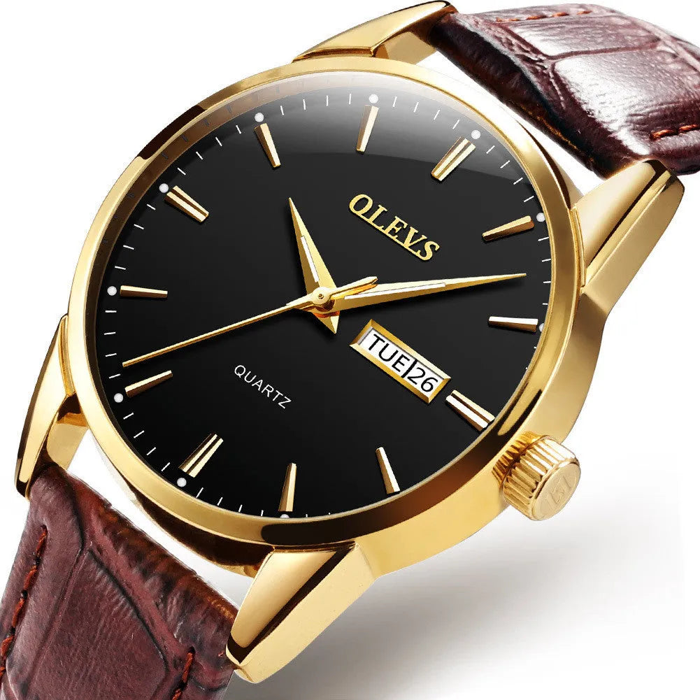 Quartz wrist watch with calendar and week display, coated glass dial, 39mm, available in black blue and white