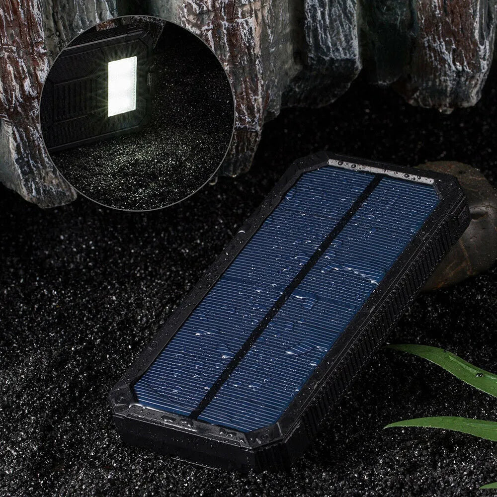 Orange Three Proofs solar power bank showing USB ports and solar panel, size 161x79x17mm.