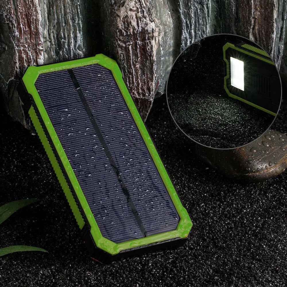 Orange Three Proofs solar power bank showing USB ports and solar panel, size 161x79x17mm.