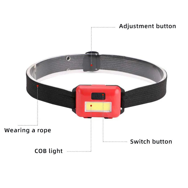 Outdoor mini COB LED headlamp in black, blue, or red on adjustable polyester strap.