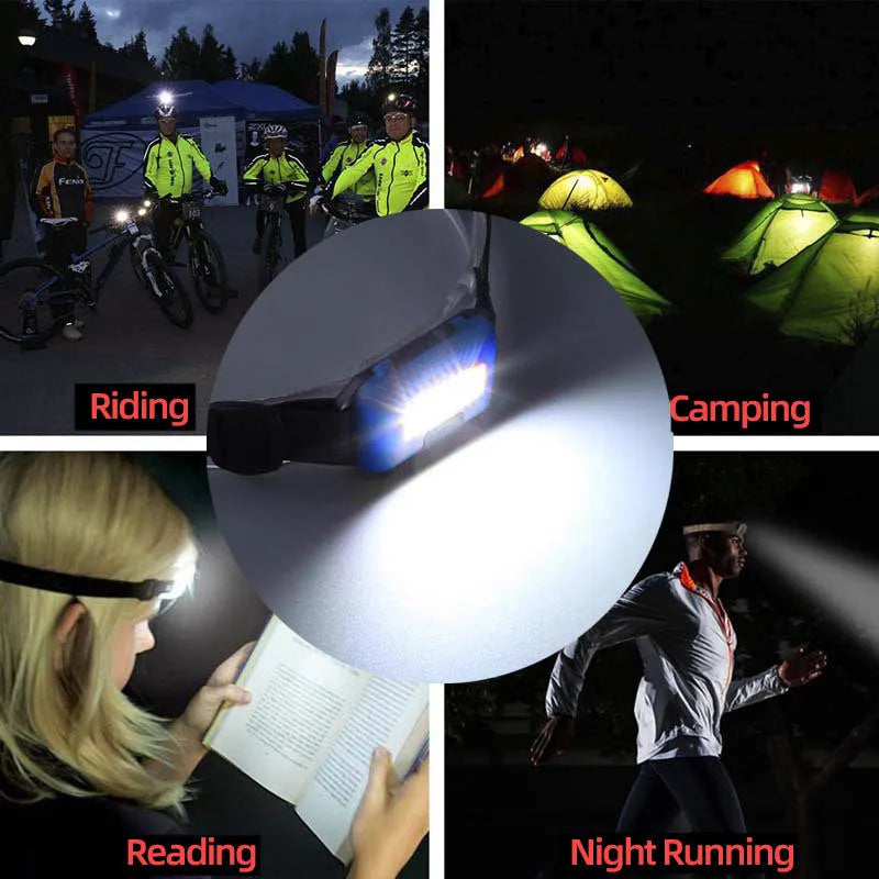 Outdoor mini COB LED headlamp in black, blue, or red on adjustable polyester strap.