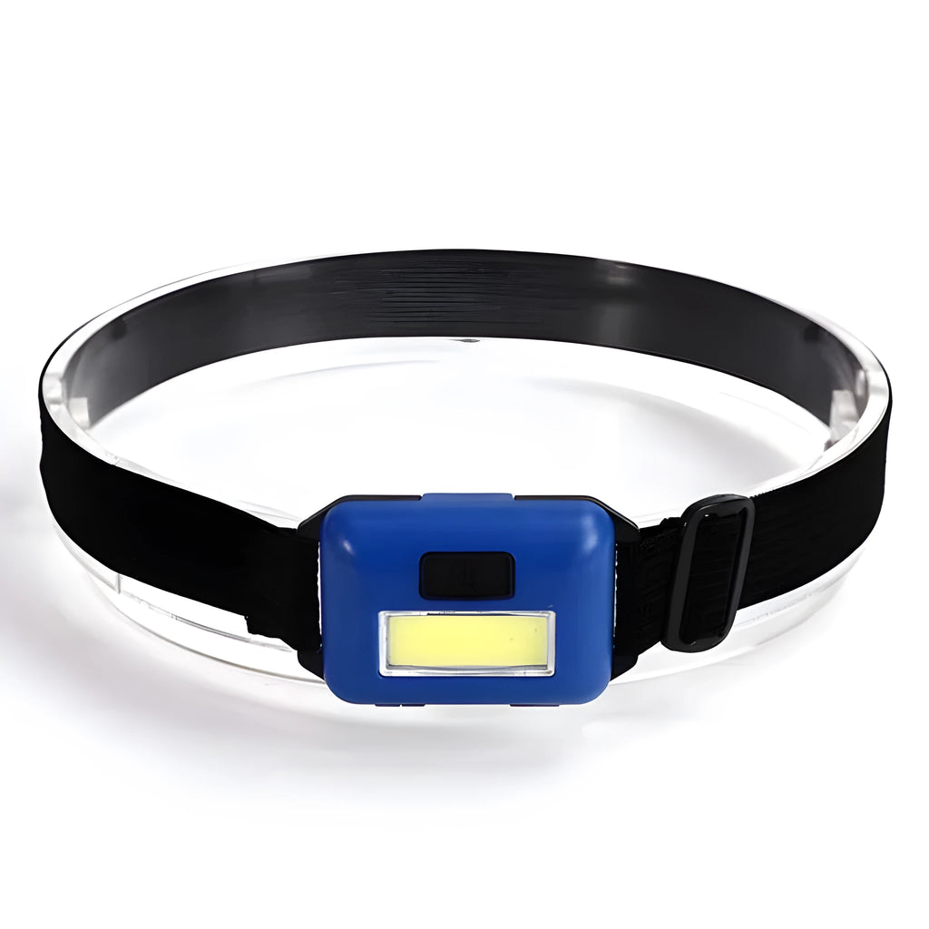 Outdoor mini COB LED headlamp in black, blue, or red on adjustable polyester strap.