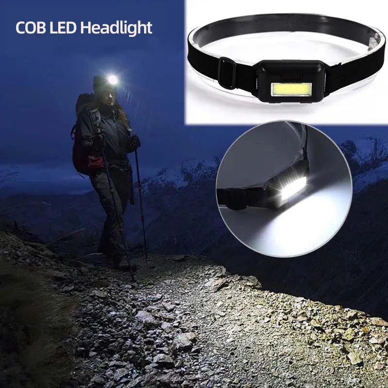 Outdoor mini COB LED headlamp in black, blue, or red on adjustable polyester strap.