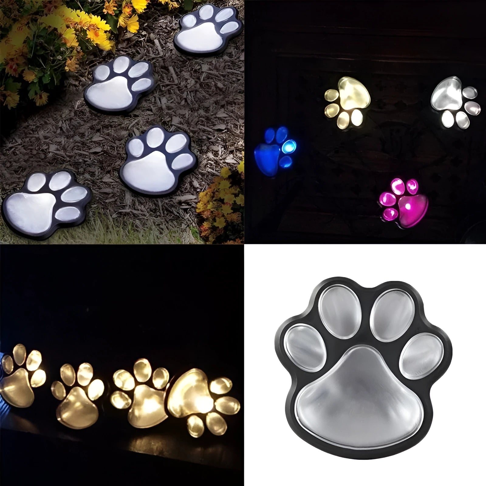 Four black animal paw print solar garden lights with stakes and one central solar panel