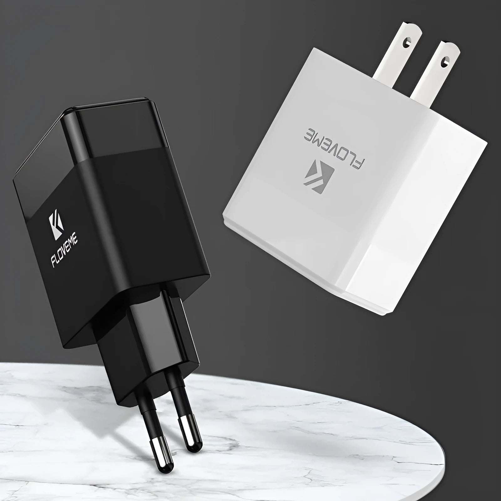 Black and white travel charger with US and European plugs showing USB port for 5V 2.1A mobile phone charging