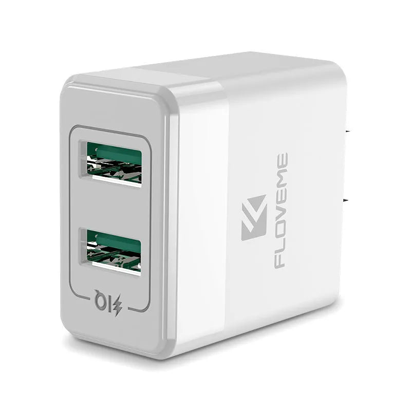 Black and white travel charger with US and European plugs showing USB port for 5V 2.1A mobile phone charging