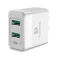 Black and white travel charger with US and European plugs showing USB port for 5V 2.1A mobile phone charging