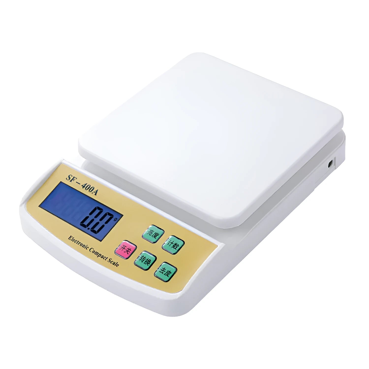 SF-400A model digital electronic kitchen scale on a counter with a bowl, showing a 10kg capacity and digital display.