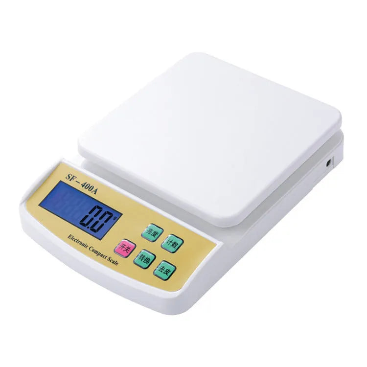 SF-400A model digital electronic kitchen scale on a counter with a bowl, showing a 10kg capacity and digital display.