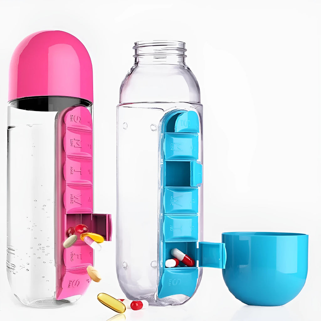 BPA-free 600ml water bottle with built-in 7-day pillbox in black, blue, red, rose red, and yellow