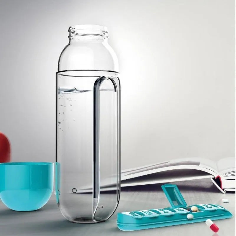 BPA-free 600ml water bottle with built-in 7-day pillbox in black, blue, red, rose red, and yellow