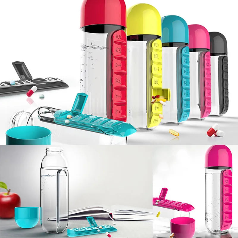 BPA-free 600ml water bottle with built-in 7-day pillbox in black, blue, red, rose red, and yellow
