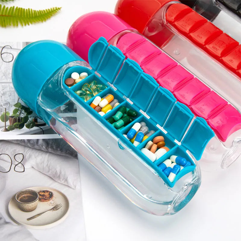 BPA-free 600ml water bottle with built-in 7-day pillbox in black, blue, red, rose red, and yellow
