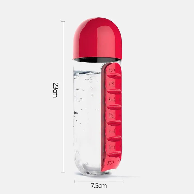 BPA-free 600ml water bottle with built-in 7-day pillbox in black, blue, red, rose red, and yellow