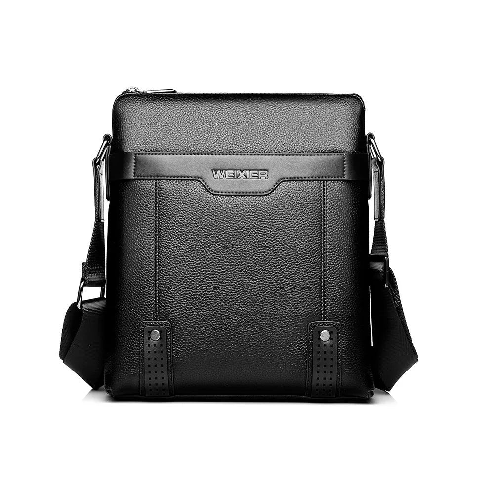 Men's black PU leather shoulder bag with zipper opening and single strap