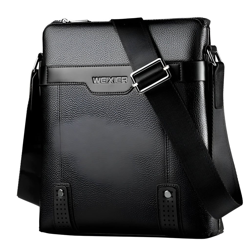Men's black PU leather shoulder bag with zipper opening and single strap