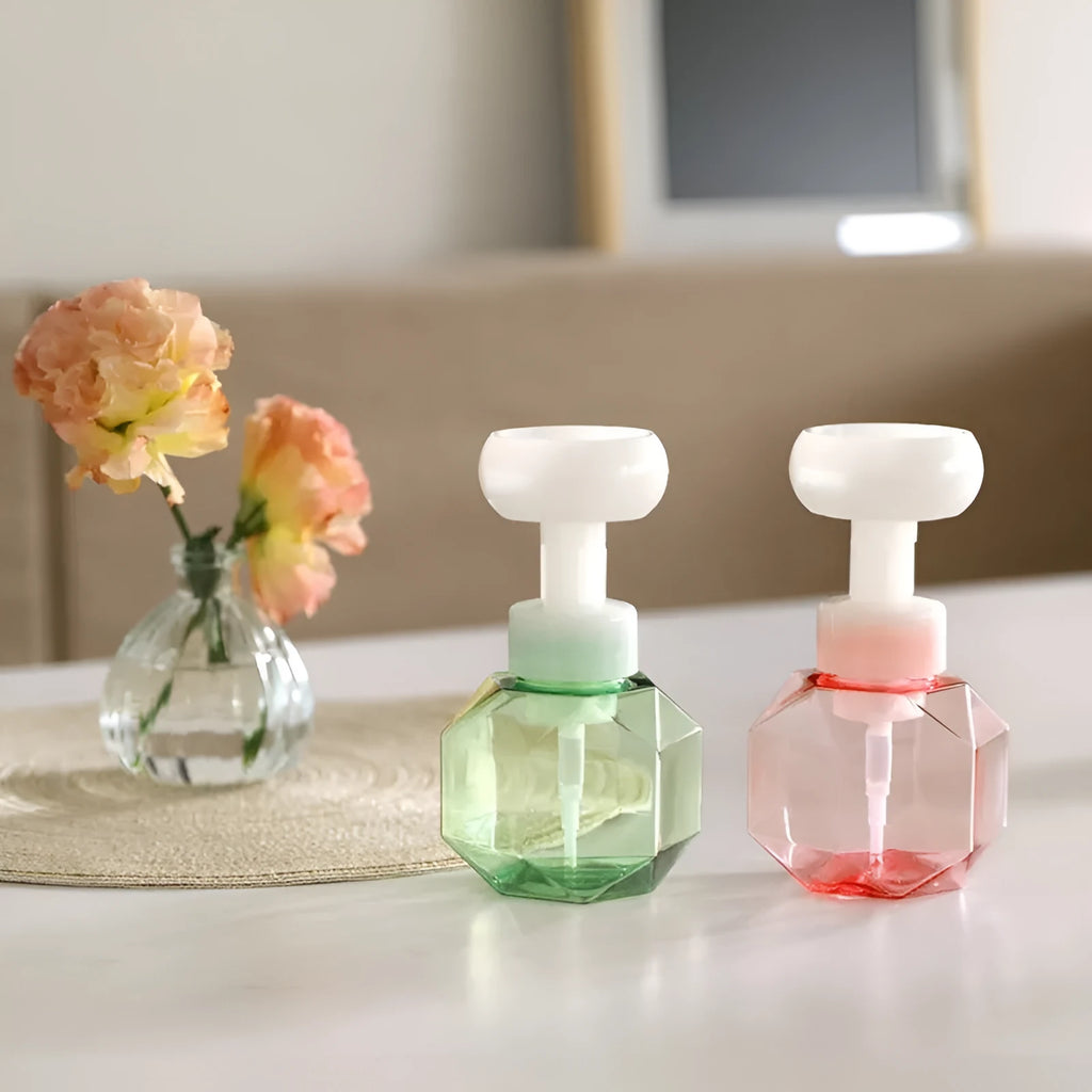 Empty foaming bottle with non-woven fabric exterior, available in pink, green, blue, and yellow