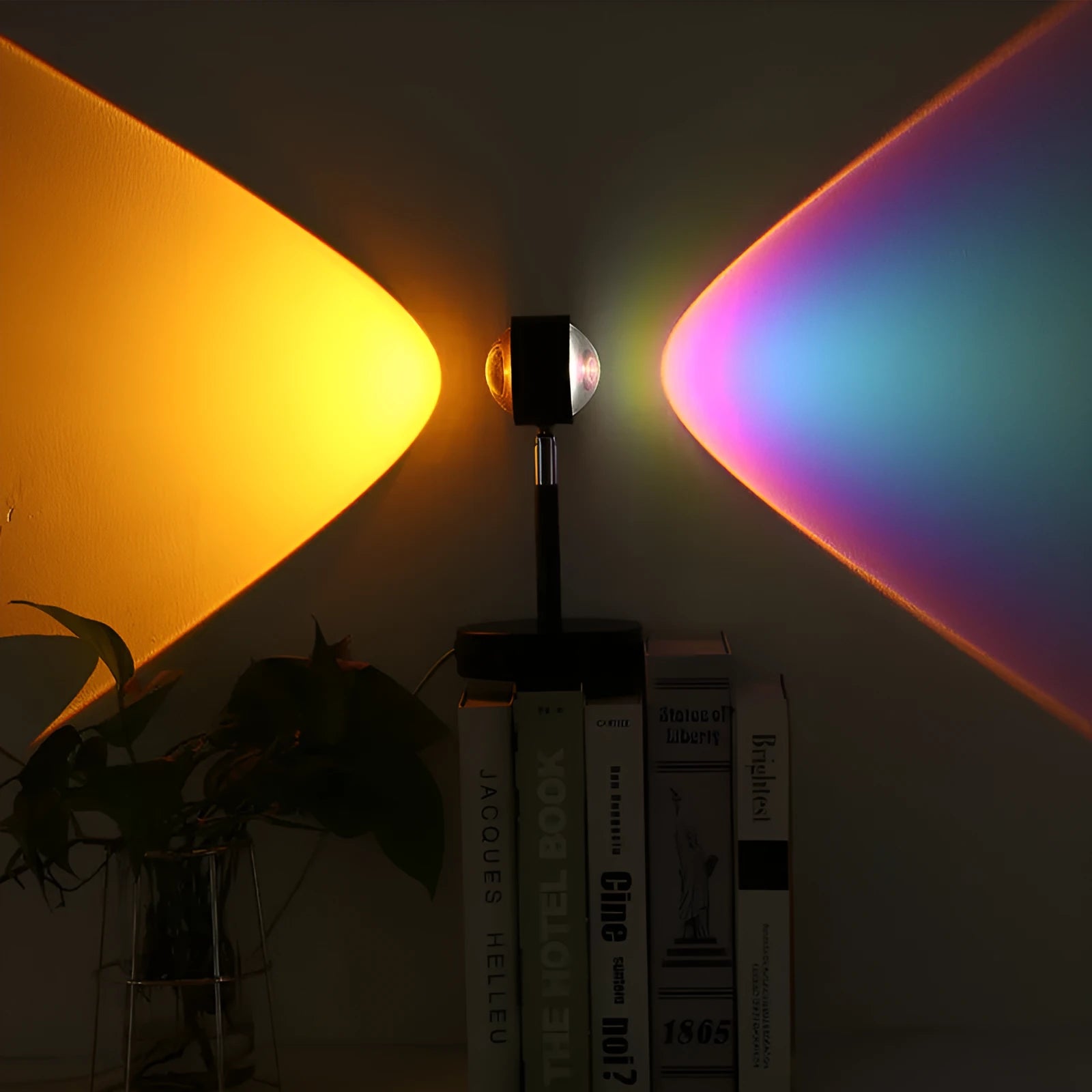 Black USB dual-head sunset rainbow projection lamp with touch controls on table