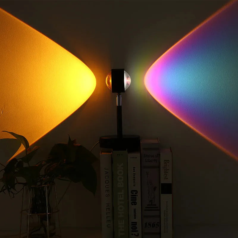 Black USB dual-head sunset rainbow projection lamp with touch controls on table
