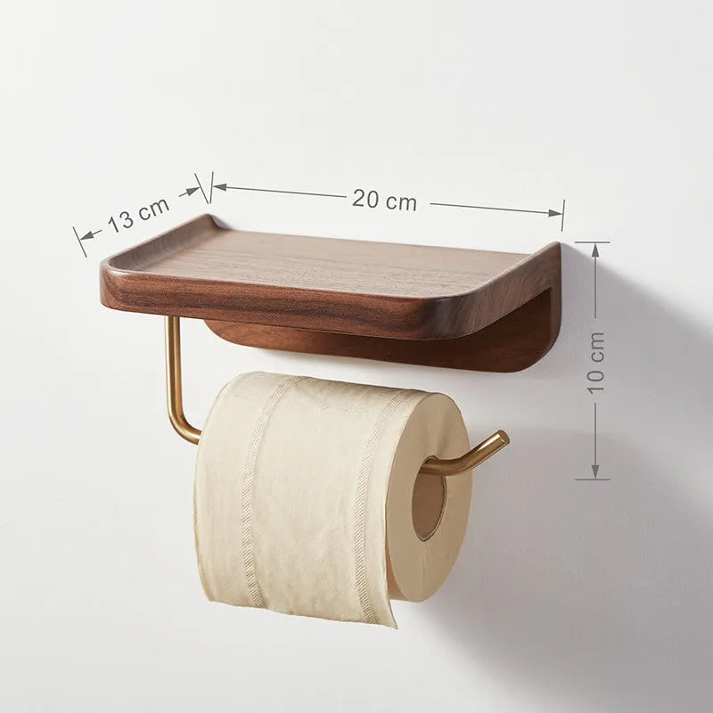Solid wood wall-mounted paper towel rack and toilet roll holder in walnut and brass construction