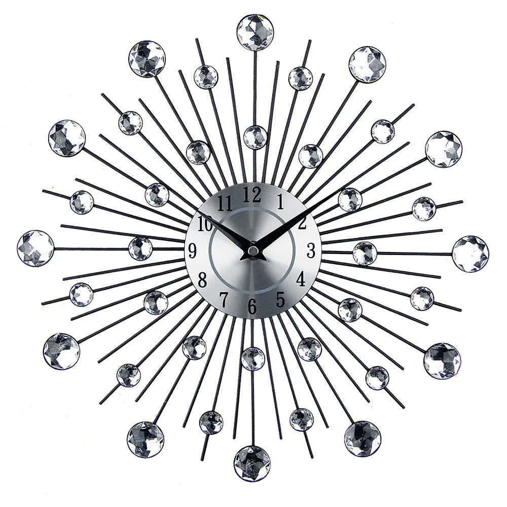 Silver round metal wall clock with 33cm diameter showing silent quartz movement