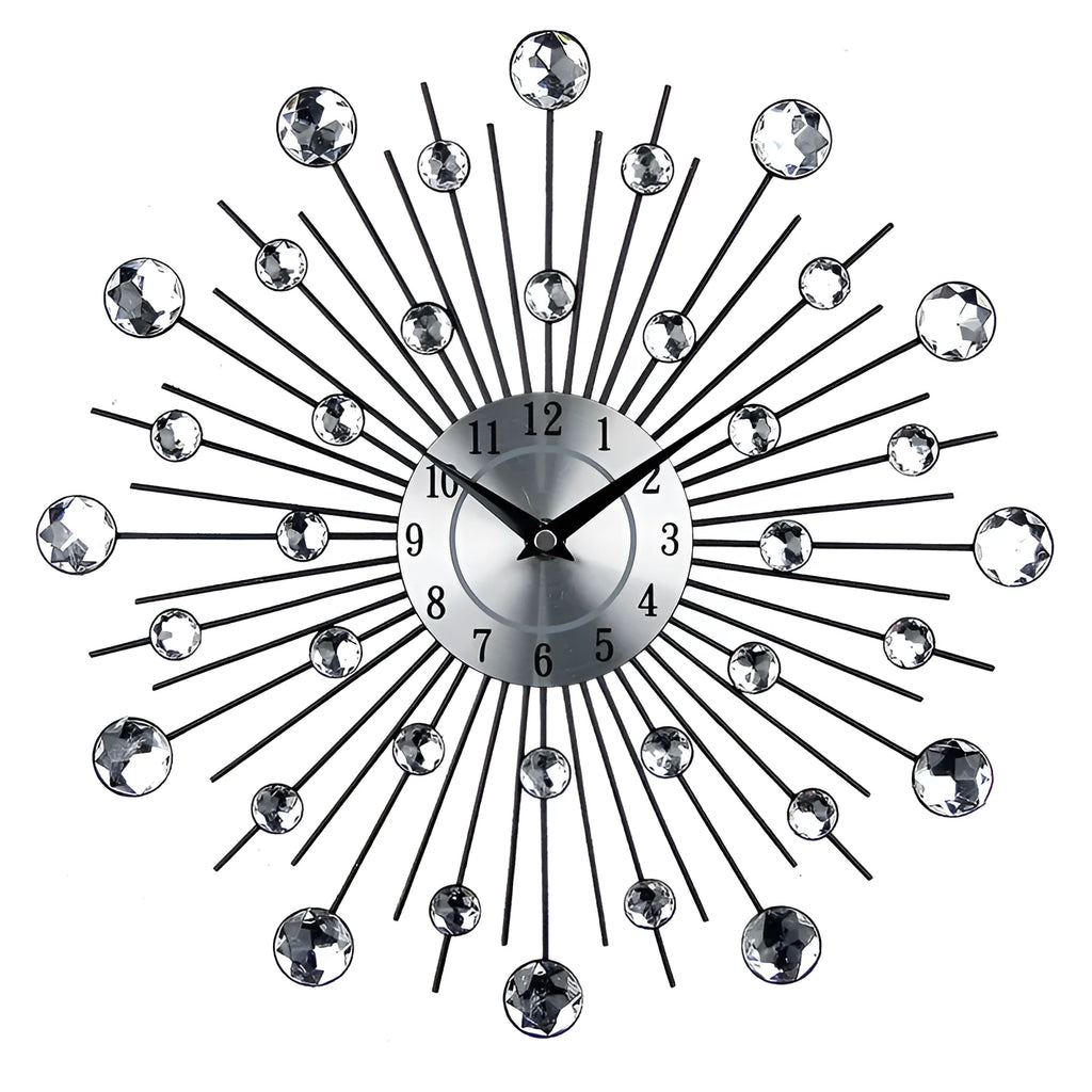 Silver round metal wall clock with 33cm diameter showing silent quartz movement