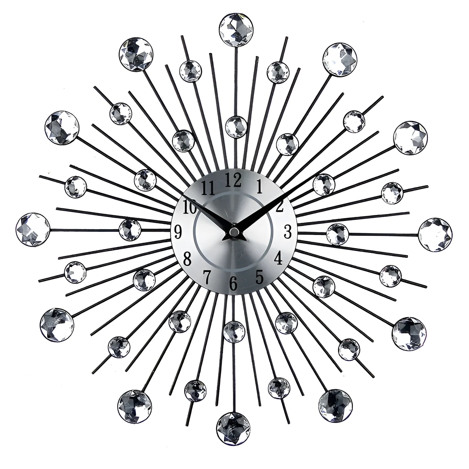 Silver round metal wall clock with 33cm diameter showing silent quartz movement