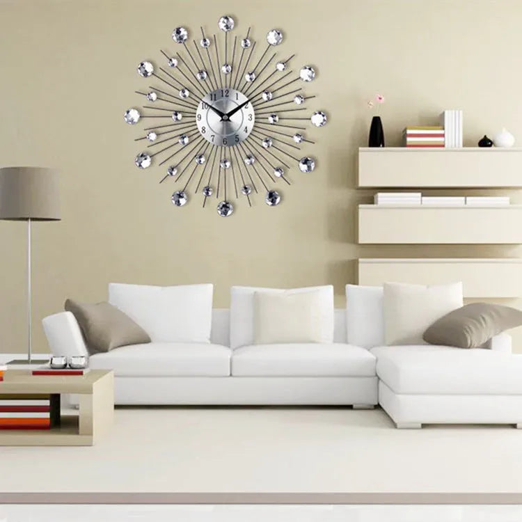 Silver round metal wall clock with 33cm diameter showing silent quartz movement