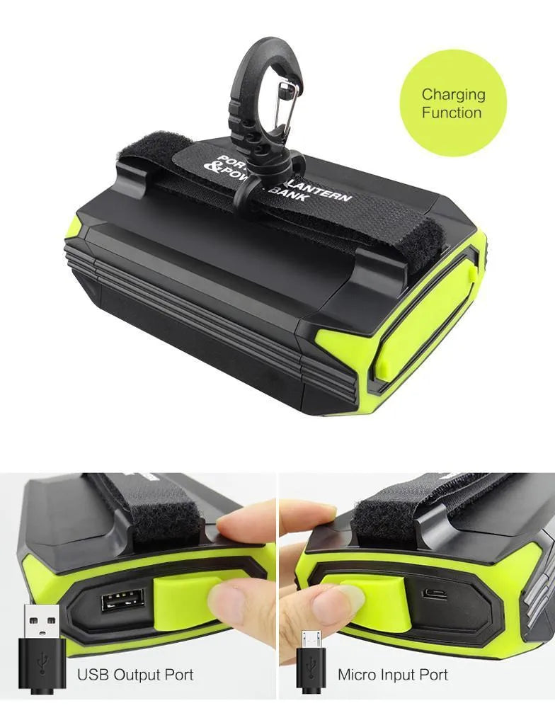 Green rechargeable camping light with aluminium alloy housing and LED bulbs