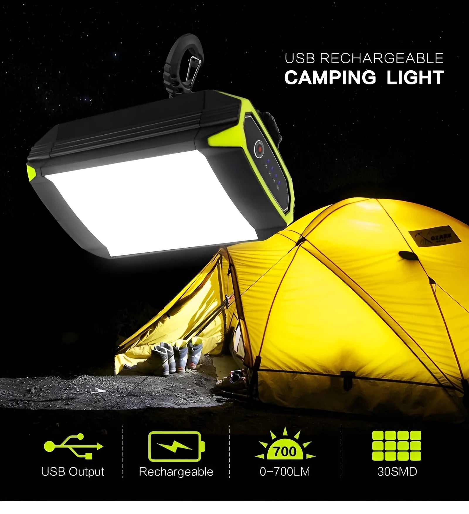 Green rechargeable camping light with aluminium alloy housing and LED bulbs