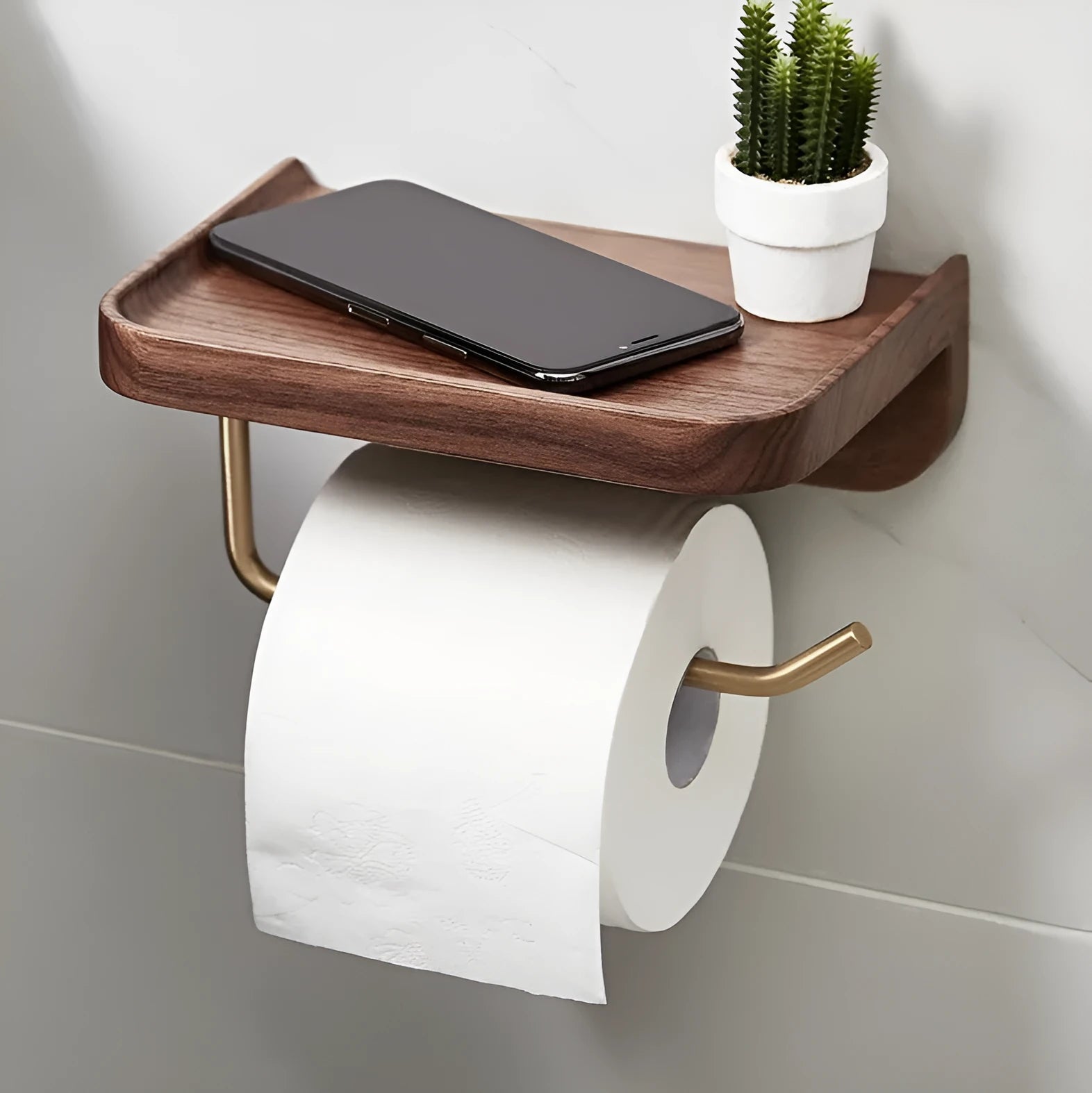 Solid wood wall-mounted paper towel rack and toilet roll holder in walnut and brass construction