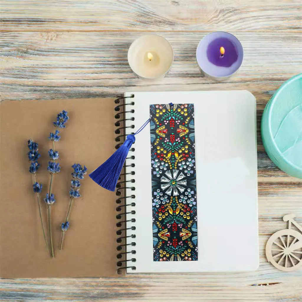 Handcrafted leather bookmark with diamond mandala flower embroidery.