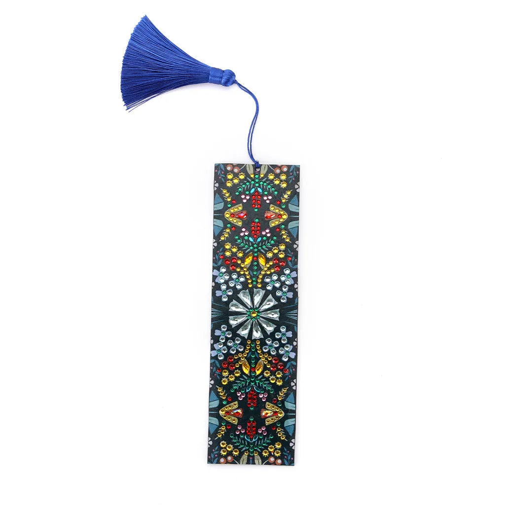 Handcrafted leather bookmark with diamond mandala flower embroidery.